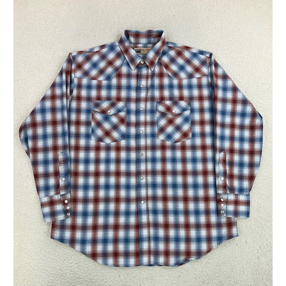 Vintage Big Mac Shirt Mens XL Blue Plaid Western Pearl Snap Long Sleeve 90's